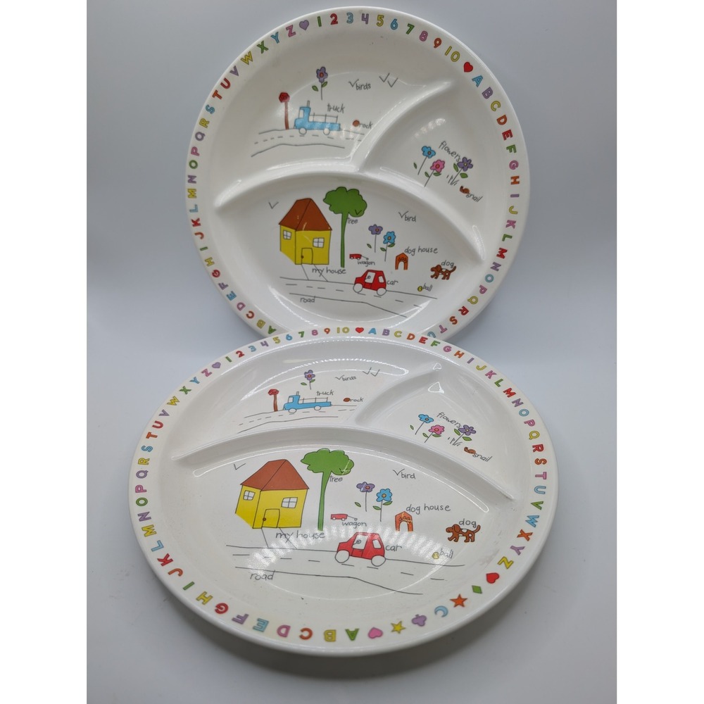 Vtg 80's Anacapa Divided Plates White Alphabet ABC House Car Melamine Set of 2